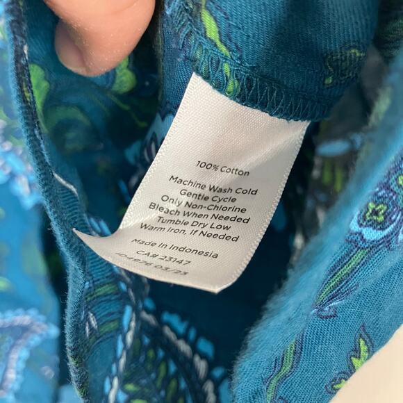 Talbots Petite | Teal Blue Paisley Floral Button Up Blouse 100% Cotton Womens LP - Picture 5 of 6